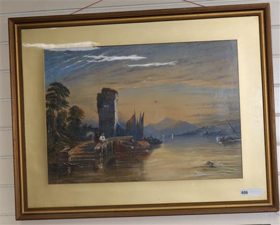 Circle of Copley Fielding, watercolour, Swiss lake scene, 47 x 67cm